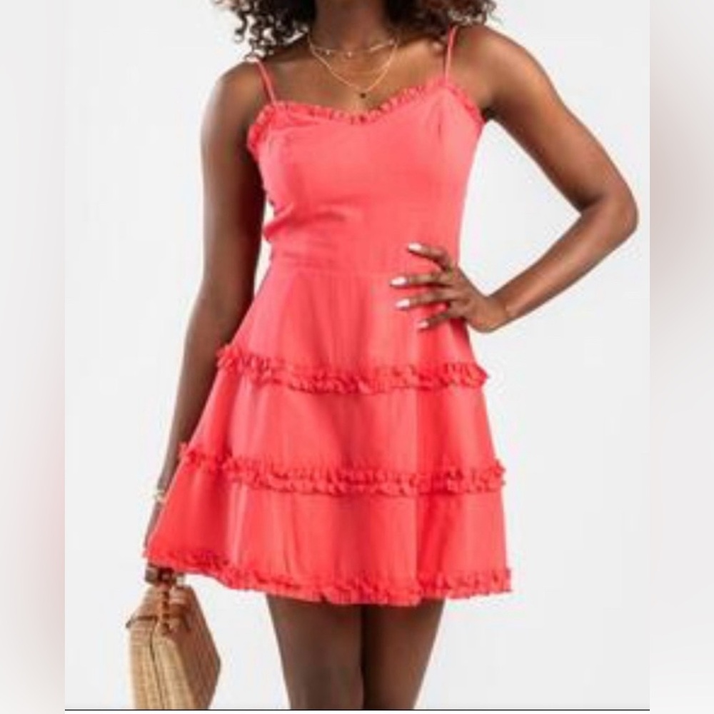 Mi Ami by Francesca’s Strappy Boho Ruffle Swing Dress Coral Pink Size Small VGUC